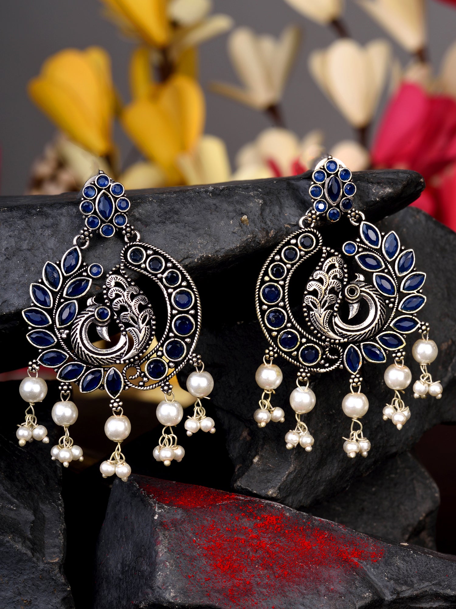 Silver Plated Oxidised Blue Peacock shaped Earrings